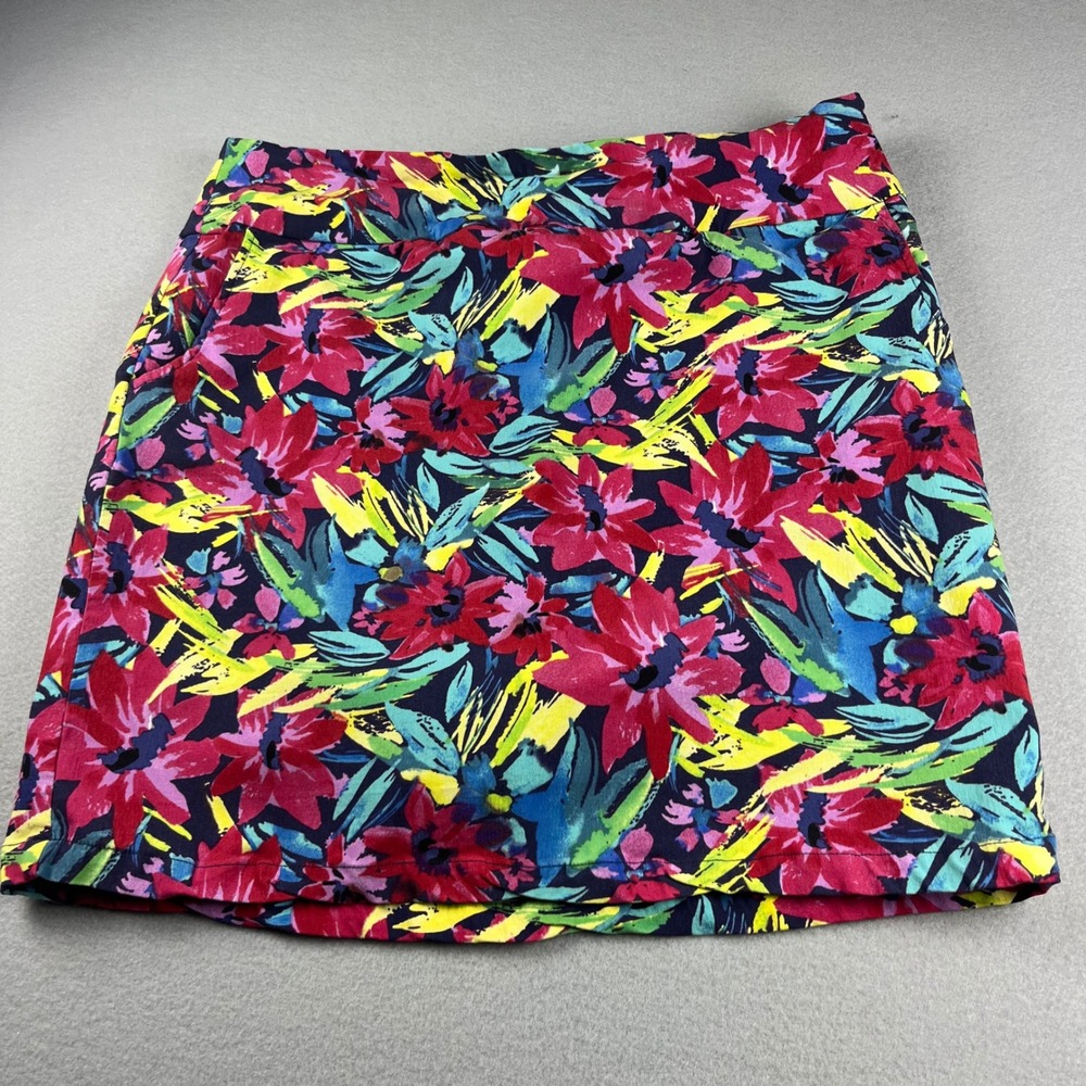 Sara Studio Floral Skort Womens Large Pink Yellow Blue Mini Skirt Shorts Pockets